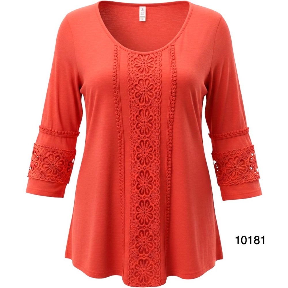 Forgotten Grace Blouse Top Womens Small Orange Crochet Lace Trim 3/4 Sleeve